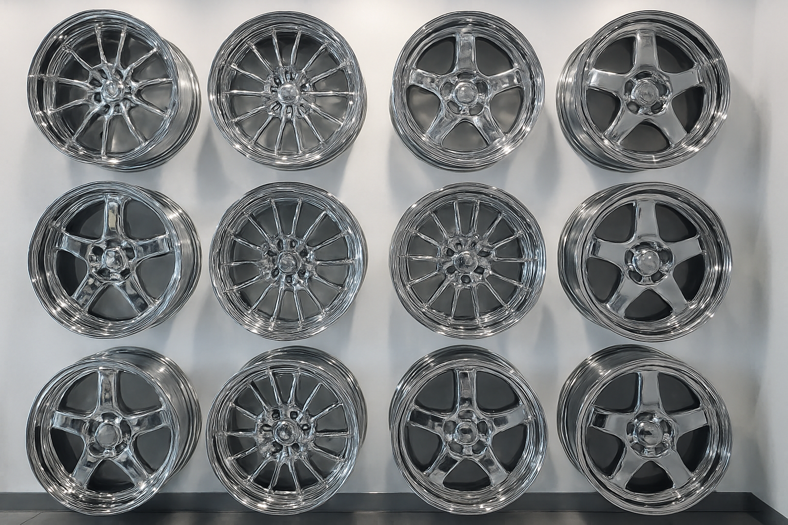 custom chrome wheels on a wall 